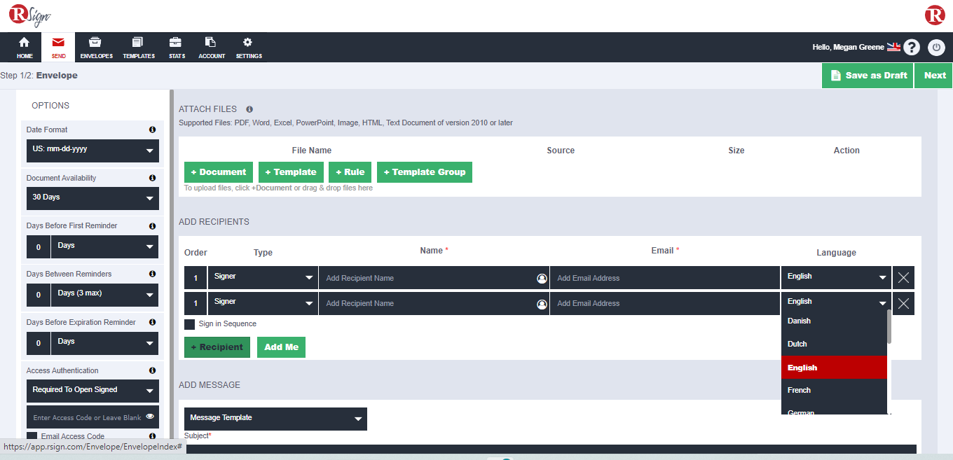 Recipient Language Selection – Help Center